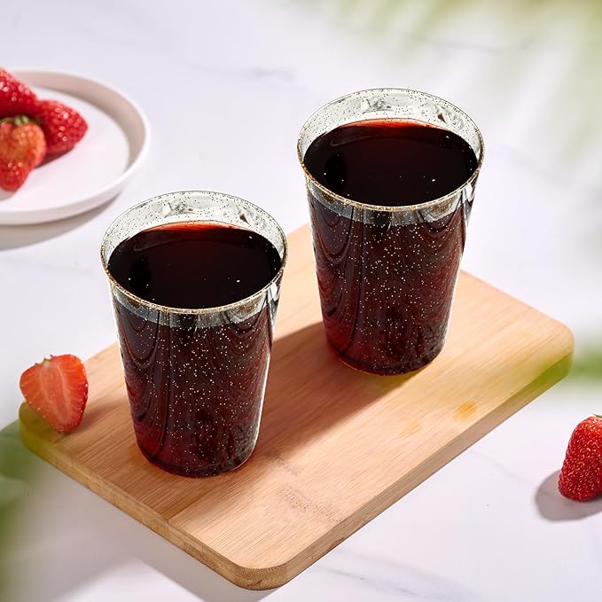 Vplus 100 Count 14 OZ Gold Glitter Heavy Duty Large Plastic Cups, Disposable Plastic Glasses Tumblers, Elegant Wedding Birthday Thanksgiving Party Cups