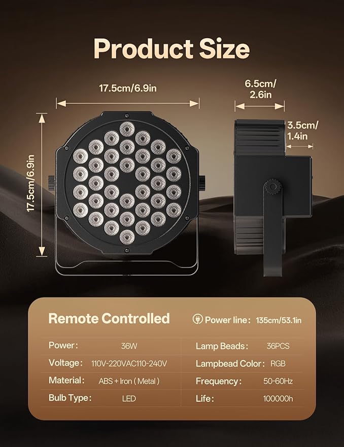 LED Par Lights 36 LED Stage Lights 9 Modes RGB DJ Lights with Sound Activated Remote and DMX Control DJ Uplighting for Birthday Party Events Wedding Christmas Stage Lighting (2 Packs)