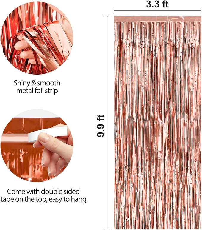 Crosize 7 Pack 3.3 x 9.9 ft Rose Gold Foil Fringe, Streamer Backdrop Curtains, Streamers Birthday Party Decorations, Tinsel Curtains for Parties, Photo Booth Backdrops