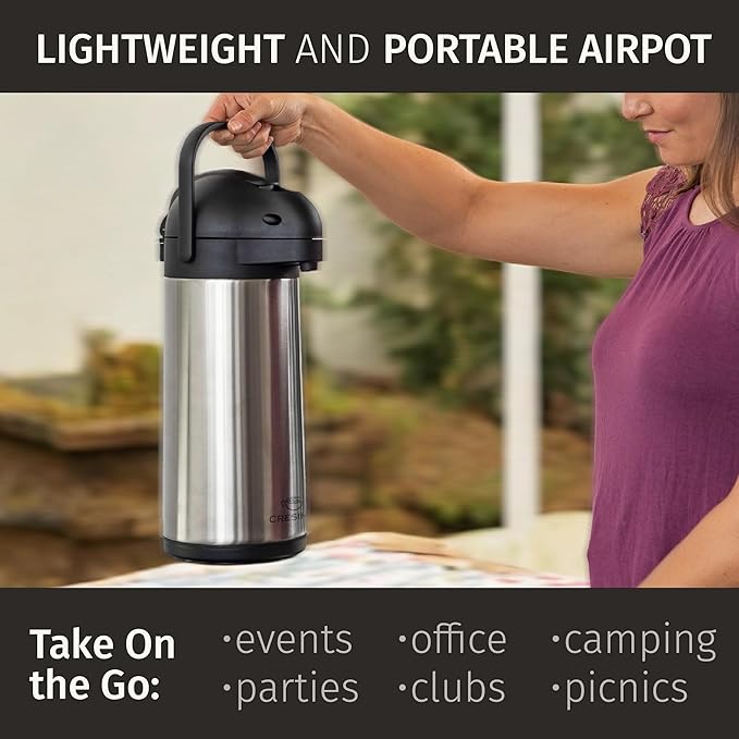 Cresimo Coffee Carafe for Keeping Hot 102oz Airpot Coffee Dispenser with Pump & Stainless Steel Table Tent Signs - 3L Airpots for Hot Beverages - Easy-to-use Insulated Coffee Carafe & Beverage Labels