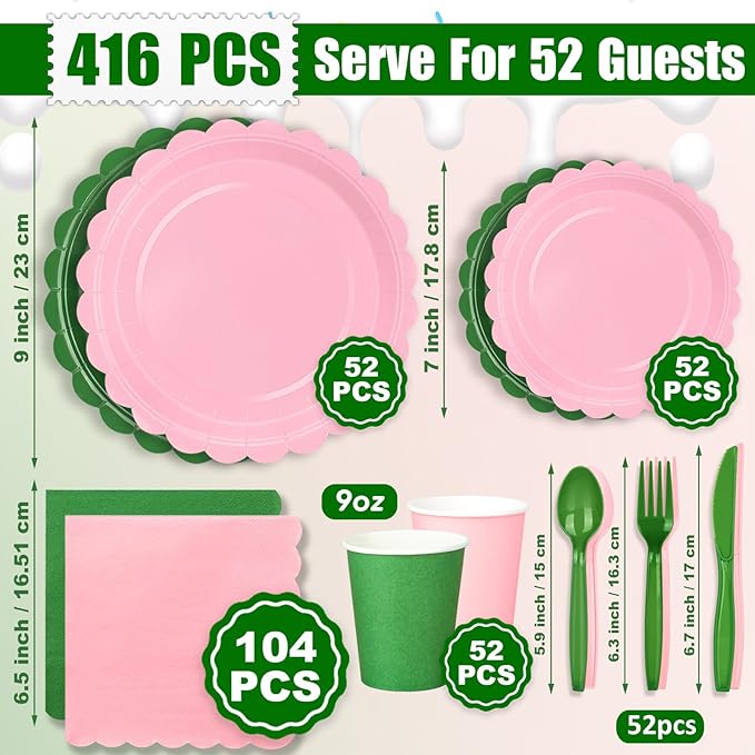 416 Pcs Pink And Green Party Supplies - For 52 Guests Paper Plates And Napkins Knives Spoons Forks Cups - Disposable Small Scalloped Dinner Party Set Cutlery - For Baby Shower Bridal Shower Wedding
