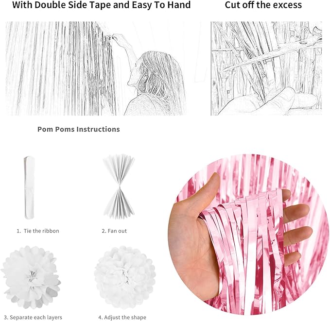 Pink Birthday Decorations for Girls, Pink White Party Balloons Happy Birthday Banner Balloon Star Heart Foil Balloon Fringe Curtain Paper Pompom for Women Bday Party Supplies