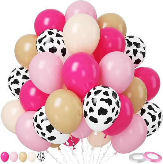 Paready Pink Cow Balloons Set - 50Pcs White Print, 12 Inch Hot Pastel Ivory Apricot for Farm Theme Birthday Cowgirl Baby Shower Supplies
