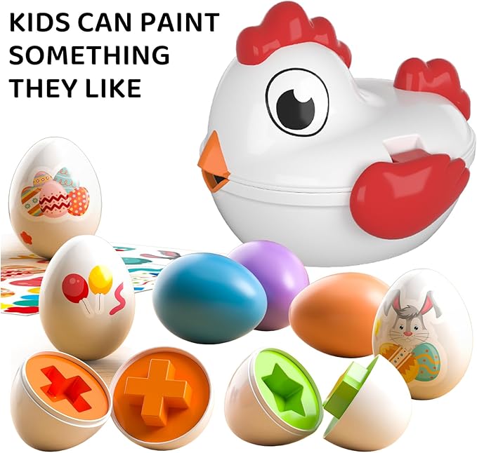 TEMI Toddler Chicken Easter Eggs - Color Matched Game Shape Sorter with 6 Toy Eggs for Kids 3-5, Fine Motor Skills Sensory Toys, Educational Gifts for 3-6 Girls Boys Baby