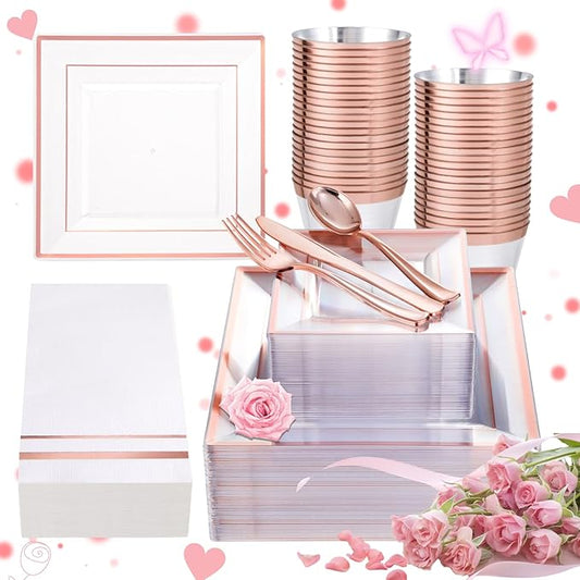 Festiva 350Pcs Rose Gold Plastic Plates - Clear Rose Gold Disposable Dinnerware Sets for 50Guests include 100 Plates 50 Cups 50Plastic Cutlery 50Napkins for Christmas Party&Wedding&Mother's Day