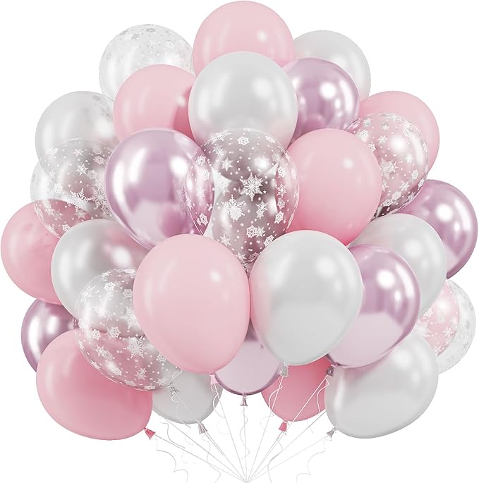 Pink Winter Wonderland Balloons, 50 Pcs 12 Inch Pearl White Balloons Pastel Metallic Pink Balloon for Girls Womem Winter Christmas Wonderland Birthday Baby Shower Ice Snow Princess Party Decorations