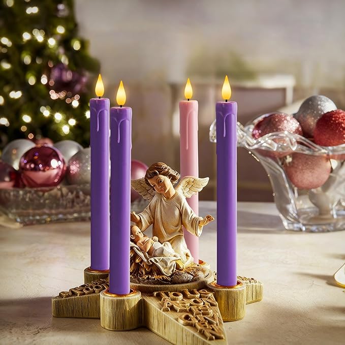 Homemory Flameless Advent Candles, Set of 4, Battery-Operated Flickering LED Candlesticks, Flameless Taper Candles with Remote Timer - 3 Purple, 1 Pink for Christmas Wreath