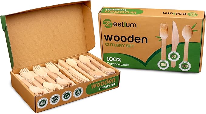 300 Pcs Disposable Wooden Cutlery Set (150 Forks, 50 Knives, 100 Spoons) – Eco Pack, Wooden Premium Cutlery Utensils for Sustainable Living, Perfect for Picnics & Everyday Use by Zestium