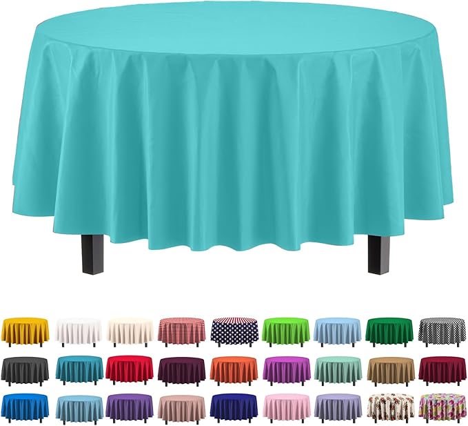 Party Solids 6-Pack Premium Plastic Tablecloth 84in. Round Plastic Table Cover - Aqua…