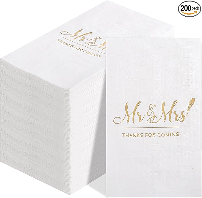 200PCS Gold Napkins - 3-Ply Mr and Mrs Napkin - Disposable Dinner Paper Napkins for Table Decorations, Ideal for Weddings, Showers, Engagement Parties