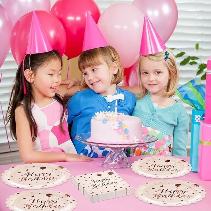 50PCS Happy Birthday Paper Plates and Napkins Set - 7 Inch Pink Rose Gold Birthday Cake Plates Scalloped Dessert Plate Disposable Tableware for Birthday's Party Supplies Decorations