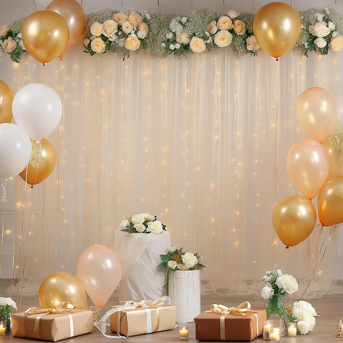 10ft x 8ft Champagne Backdrop Curtain with Lights String for Parties, Sheer Tulle Wedding Photo Backdrops Drapes for Baby Shower Birthday Party Decorations Background for Photography