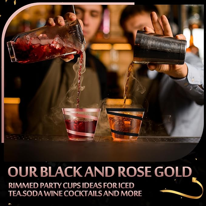 Gejoy 9 oz Rimmed Swirl Plastic Cups Disposable Wine Drinking Cups Clear Elegant Halloween Tumblers for Christmas Party Supplies(Rose Gold, Black,100 Pcs)