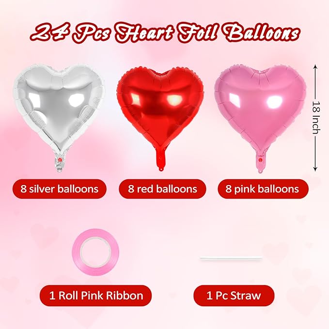 24 Pcs Red Pink Silver Heart Balloons,18 inch Heart Foil Balloons Love Balloons Valentine Balloons for Birthday Party Wedding Engagement Party Baby Shower Valentine Day Decorations (Red Pink Silver)