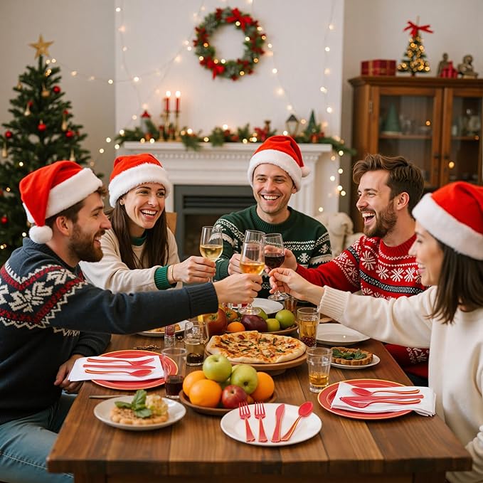 WDF 180 Pieces Red and Gold Plastic Silverware - Disposable Christmas Utensils Include 60 Forks, 60 Knives and 60 Spoons - Heavy Duty Red Plastic Cutlery - for Christmas/Party