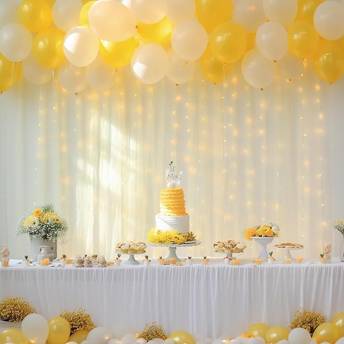 10ft x 8ft Ivory Backdrop Curtain with Lights String for Parties, Sheer Tulle Wedding Photo Backdrops Drapes for Baby Shower Birthday Party Decorations Background for Photography