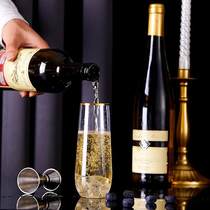 N9R 24PCS Plastic Champagne Flutes, 9 Oz Stemless Disposable Gold Rim Toasting Glasses, Crystal Clear Cocktail Cups Drinkware Shatterproof Ideal for Party Wedding Birthday