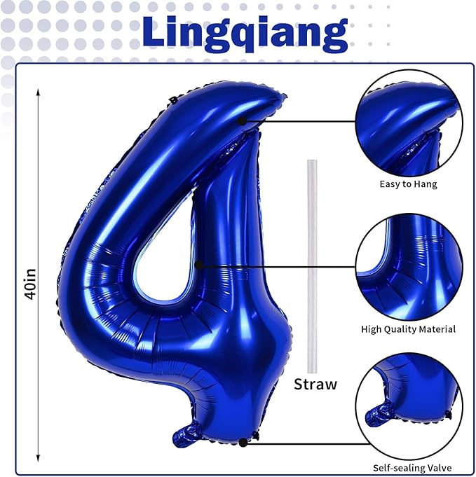Navy Blue Foil Balloon Number 4, 40'' Giant Self Inflating Number Balloons Set 0-9, Large Dark Blue Number 4 Helium Balloon for Boys 4th Birthday Anniversary Party Decorations Supplies