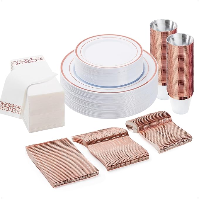 BESTVIP 175PCS Rose Gold Disposable Dinnerware Set for 25 Guests, Plastic Plates for Party, Wedding, Christmas, Halloween, Include: 50 Plastic Plates, 25 Rose Gold Silverware, 25 Cups, 25 Napkins