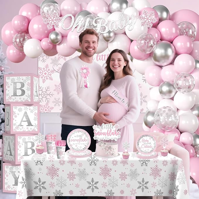 227pcs Winter Baby Shower Decorations, All-in-one Winter Supplies Pack Includes 20 Tableware, Pink A Little Snowflake Is on The Way Backdrop Tablecloth, Baby Its Cold Outside Baby Shower Decorations