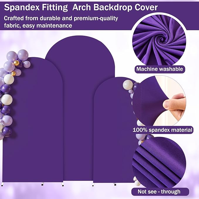 (7.2FT, 6.6FT, 6FT) Wedding Arch Cover Set of 3 Puple Spandex Fitted Arch Cover for Round Top Chiara Backdrop Stand Covers for Birthday Party Banquet Photo Background Decoration