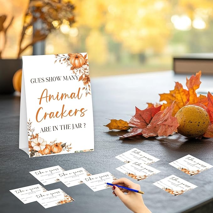 Autumn Pumpkin Guess How Many Animal Crackers - Thanksgiving Baby Shower Card Set (1 Sign With 50 Guess Cards), Fall Gender Reveal Party Favor Supplies -A05