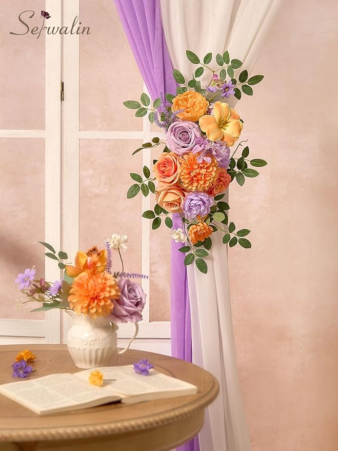 Serwalin Artificial Orange & Purple Flowers, Silk Fake Flowers Stems for Wedding Bouquets DIY, Baby Shower Centerpieces, Cake Decor, Birthday Party & Home Decor