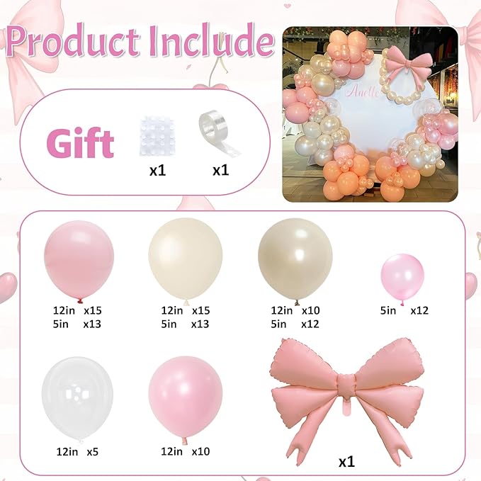 Double Stuffed Pearl White and Pink Balloon Arch Garland Kit, Pearl White Beige with Pink Bow Foil Balloons for Girls Women Wedding Bridal Baby Shower Bachelorette Coquette Birthday Party Decorations