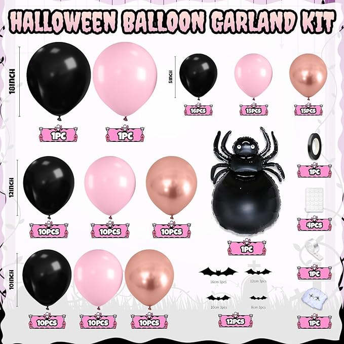 Halloween Balloon Arch Garland Kit, Black Pink Rose Gold Spider Foil Balloons with 3D Bat Stickers and Spider Webs for Girls Halloween Party Spooky Birthday Day Party Decorations