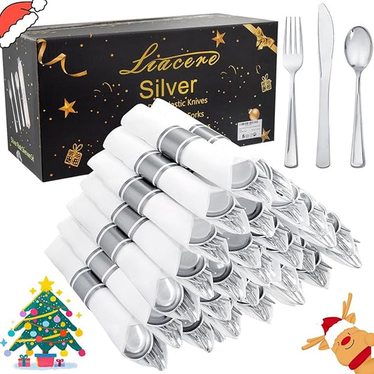 Liacere 100 Pack Silver Plastic Silverware-Pre Wrapped cutlery and Napkin-Pre Rolled Silverware Disposable 100 Forks, 100 Knives 100 Spoons, 100 Napkins Plastic Utensils＆Father's Day＆Independence Day