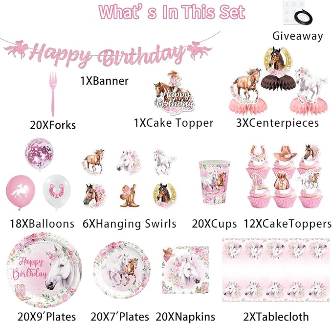 154PCS Pink Western Horse Party Decorations, Cowgirl Horse Party Supplies Plates and Napkins Set, Tableware,Banner, Hanging Swirls, Tablecloth, Balloon,Cake Cupcake Topper,Honeycomb Centerpiece