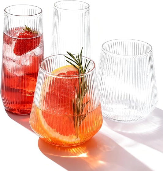 BESTSTAR 48 Pack Disposable Ribbed Origami Ripple Plastic Glasses Set - 24 9 OZ Stemless Champagne Flutes & 24 12OZ Cups, BPA-Free Shatterproof Clear Drinkware for Weddings, Parties & Events (Clear)