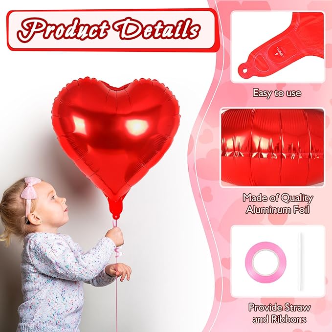 24 Pcs Red Pink Silver Heart Balloons,18 inch Heart Foil Balloons Love Balloons Valentine Balloons for Birthday Party Wedding Engagement Party Baby Shower Valentine Day Decorations (Red Pink Silver)