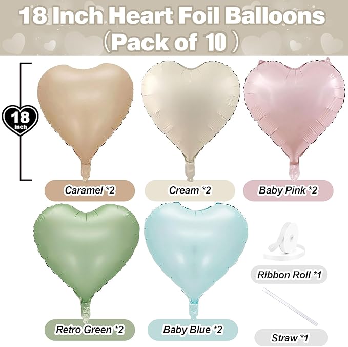 Pastel Colorful Heart Foil Balloons, 10PCS Assorted Rainbow Helium Balloons, 18Inch Heart Shaped Foil Balloon for Kids Birthday Valentines Wedding Bridal Baby Shower Easter Boho Party Decorations