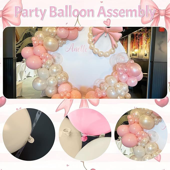 Double Stuffed Pearl White and Pink Balloon Arch Garland Kit, Pearl White Beige with Pink Bow Foil Balloons for Girls Women Wedding Bridal Baby Shower Bachelorette Coquette Birthday Party Decorations