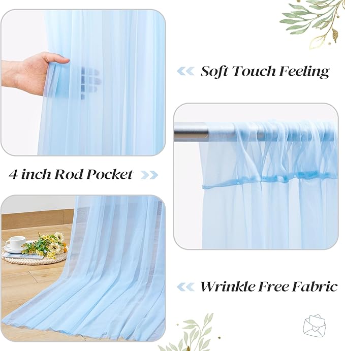 20ft x 10ft Blue Backdrop Curtain with Lights String for Parties, Sheer Tulle Wedding Photo Backdrops Drapes for Baby Shower Birthday Party Decorations Background for Photography