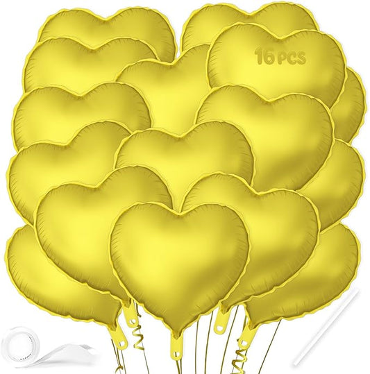 16 Pcs Heart Balloons, 18 Inch Gold Love Heart Shaped Foil Balloons for Wedding Anniversary Birthday Party Valentine Decorations Baby Shower Bridal Shower Engagement Decorations Supplies