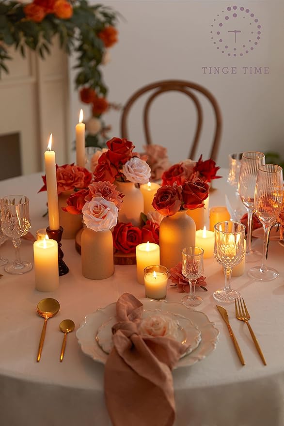 TINGE TIME Artificial Flowers, 25pcs Real Looking Gradient Fall Orange Rose Fake Roses w/Stem for DIY Wedding Bouquets Centerpieces Arrangements Party Baby Shower Home Decorations