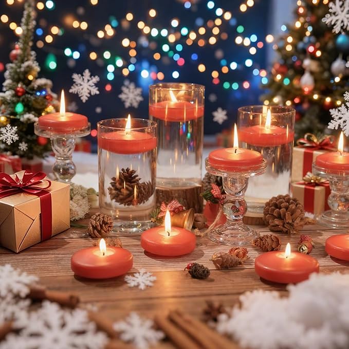 12 Pack Red Floating Candles 3 inch, Unscented Traditional 3" Floating Candles for Centerpieces,7 Hours Burning, Red Water Candles for Cylinder Vases, Wedding, Party, Pool