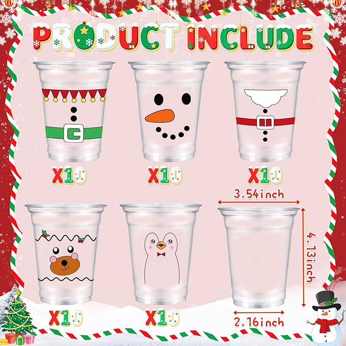 50 Pcs Christmas Plastic Cups, 12 OZ Christmas Disposable Party Drinking Cups, Santa Claus Snowman PET Cup for Xmas Winter Holiday Party Drinkware Table Decorations Supplies (5 styles)