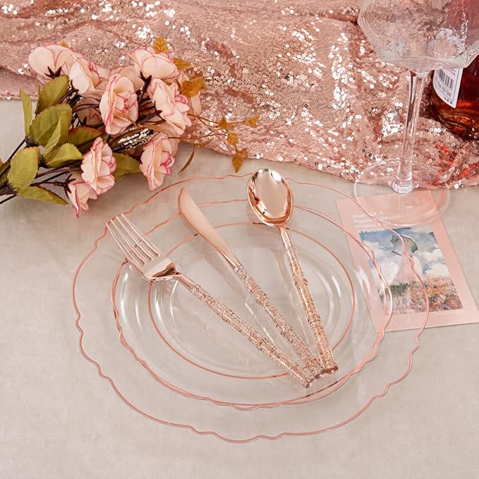 Liacere 150PCS Rose Gold Plastic Plates - Clear Rose Gold Disposable Plates with Glitter Bamboo Handle Cutlery - 60 Baroque Elegant Plates, 30 Forks, 30 Spoons, 30 Knives for Thanksging day&Chrismas