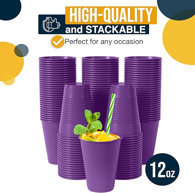 Exquisite Party Solids 12 Oz Purple Plastic Cups For Party Supplies 50 Pack | Purple Disposable Cups Plastic | Disposable Drinkware For Parties, Events & Everyday