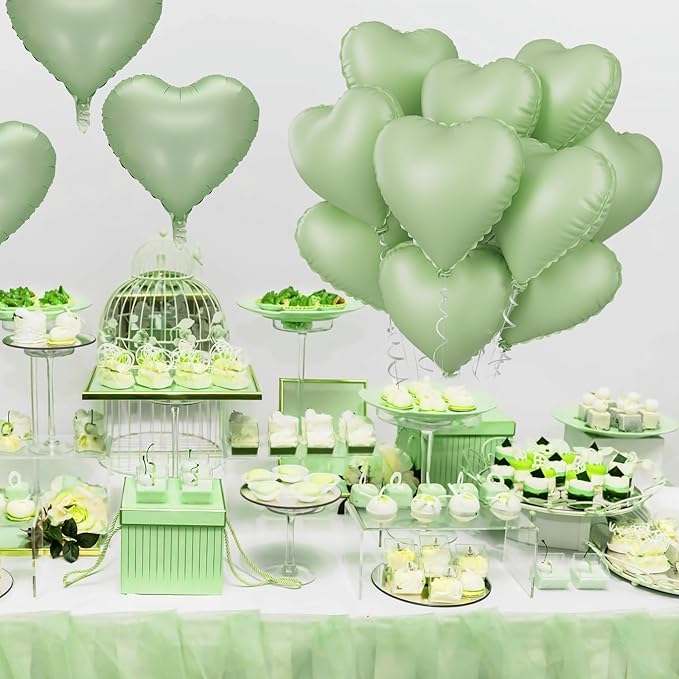 Sage Green Heart Balloon, 10PCS Green Foil Heart Balloons, 18inch Olive Green Heart Shape Balloons for Helium Birthday Party Decorations for Jungle Brithday Party, Valentines Day, Wedding, Anniversary
