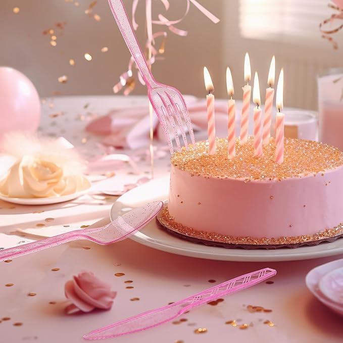 Plastic Silverware Heavy Duty Plastic Cutlery Set Heavyweight Disposable Flatware Includes Spoons Forks Knifes for Birthday Party Prom Night Wedding Dinner (180, Clear Pink)