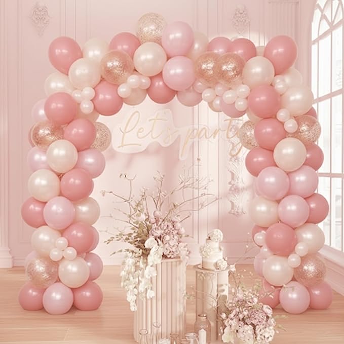 Pink and Gold Balloons, 50Pcs 12 Inch Retro Blush Pink Cream White Double Stuffed-pink Metallic Gold Confetti Boho Ballon for Birthday Bridal Shower Wedding Party Decorations