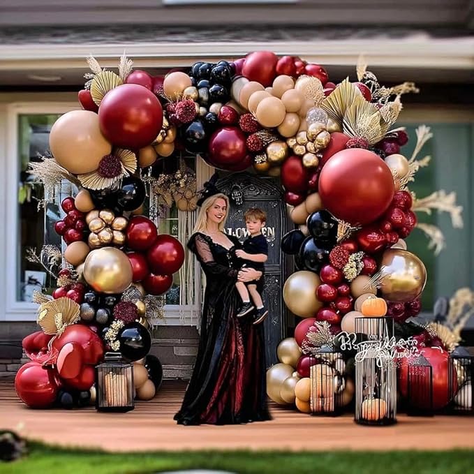 Burgundy Black Balloon Arch Kit Double Stuffed Nude Maroon Ruby Wine Red Apricot Balloon Garland with Metallic Gold Latex for Birthday Anniversary Christmas New Year Women Party Decoration