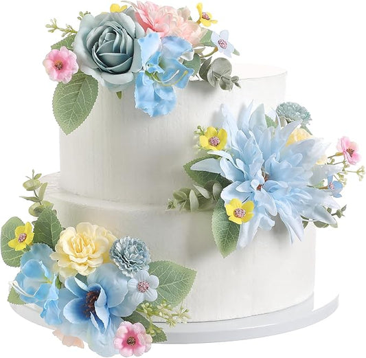 Cake Toppers Flowers,3 Pieces Hand-made Silk Flowers Cake Decorations for Birthday Baby Shower Wedding Valentine's Day Celebration Boho Party Supplies (Blue Pink)