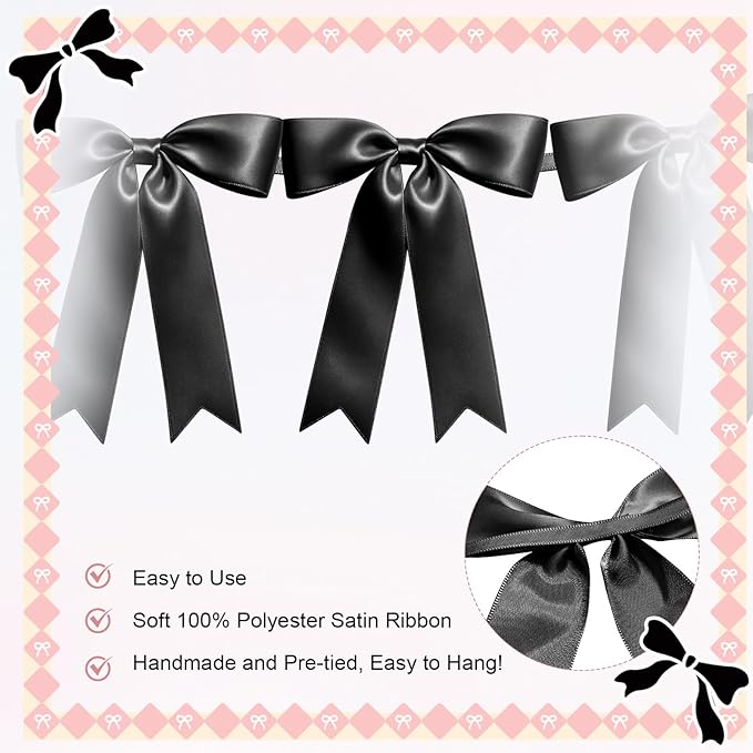 1 String of 8PCS Black Bow Garland Banner Decoration,Pre-Strung Satin Ribbon Ornaments for Birthday,Bachelorette Party,Bridal Shower,Wedding,Engagement,Baby Shower,Graduation Decor,Anniversary