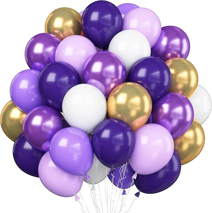 Purple and Gold Balloons, 50pcs 12 Inch Purple Gold White Balloons Metallic Purple Balloons Pastal Purple White Balloons for Purple Birthday Decorations Shower Princess Theme Party Decorations