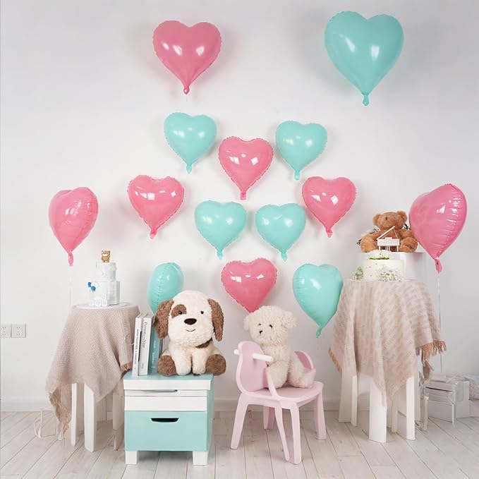 Pink Blue Balloons,12Pcs 18 Inch Macaron Foil Love Heart Shaped Balloons for Boy Girl Gender Reveal Bridal Engagement Wedding Anniversary Birthday Party Graduation Valentines Day Decorations